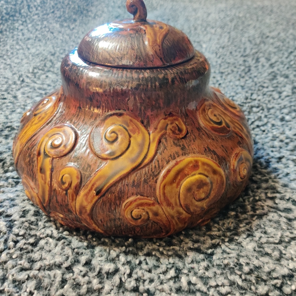Spiril Brown Antique Jar Handcrafted Stoneware  Artisan Vase Pottery  Swirl Art